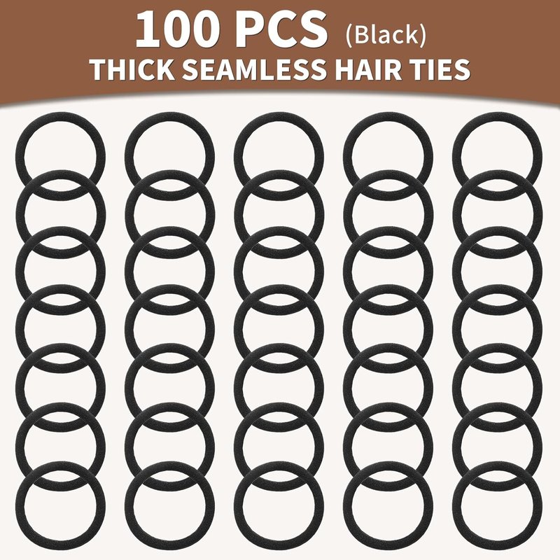 Mia Klein Hair Ties Black 100Count Extra Thick 5CM, Bulk Elastic Hair Bands for Thick Heavy Hair, Seamless Hair Accessories for Girls Women, Ponytail Holder (Black)