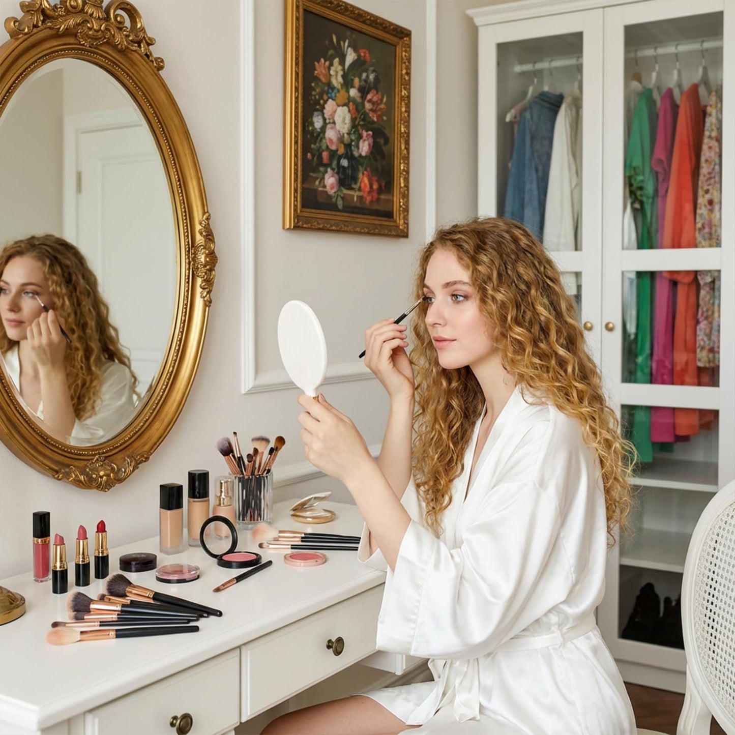 Zyghjort Round Hand Held Mirror, White Handheld Mirror 4.7W X 9.4 L inchs Handle Makeup Mirrors for Women