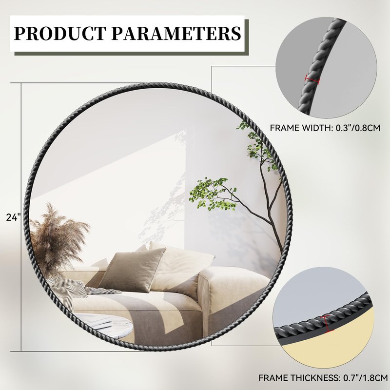 PROHOMEWARE Black Round Bathroom Mirrors, 24 inch Circle Wall Mounted Hanging Mirror for Entryway, Living Room, Hallway, Bathroom, Bedroom