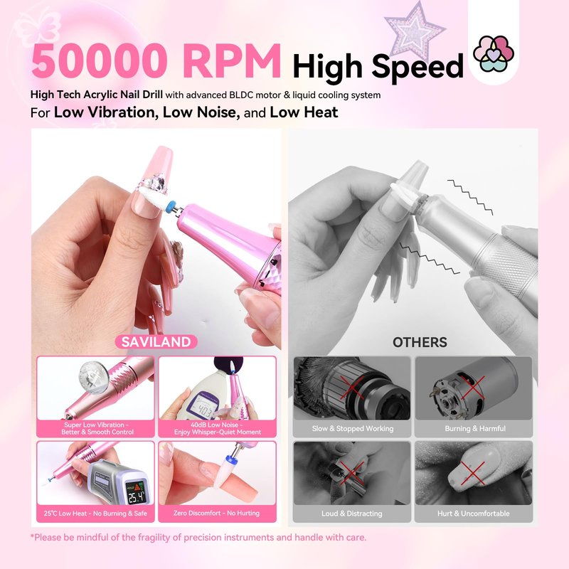 SAVILAND 50000RPM Professional Nail Drill: 2026 Rechargeable Electric Nail File 6000mAh Nail Filer Electric for Manicure Pedicure Shaping & Acrylic Removal Salon Use Drill para Uñas Profesional
