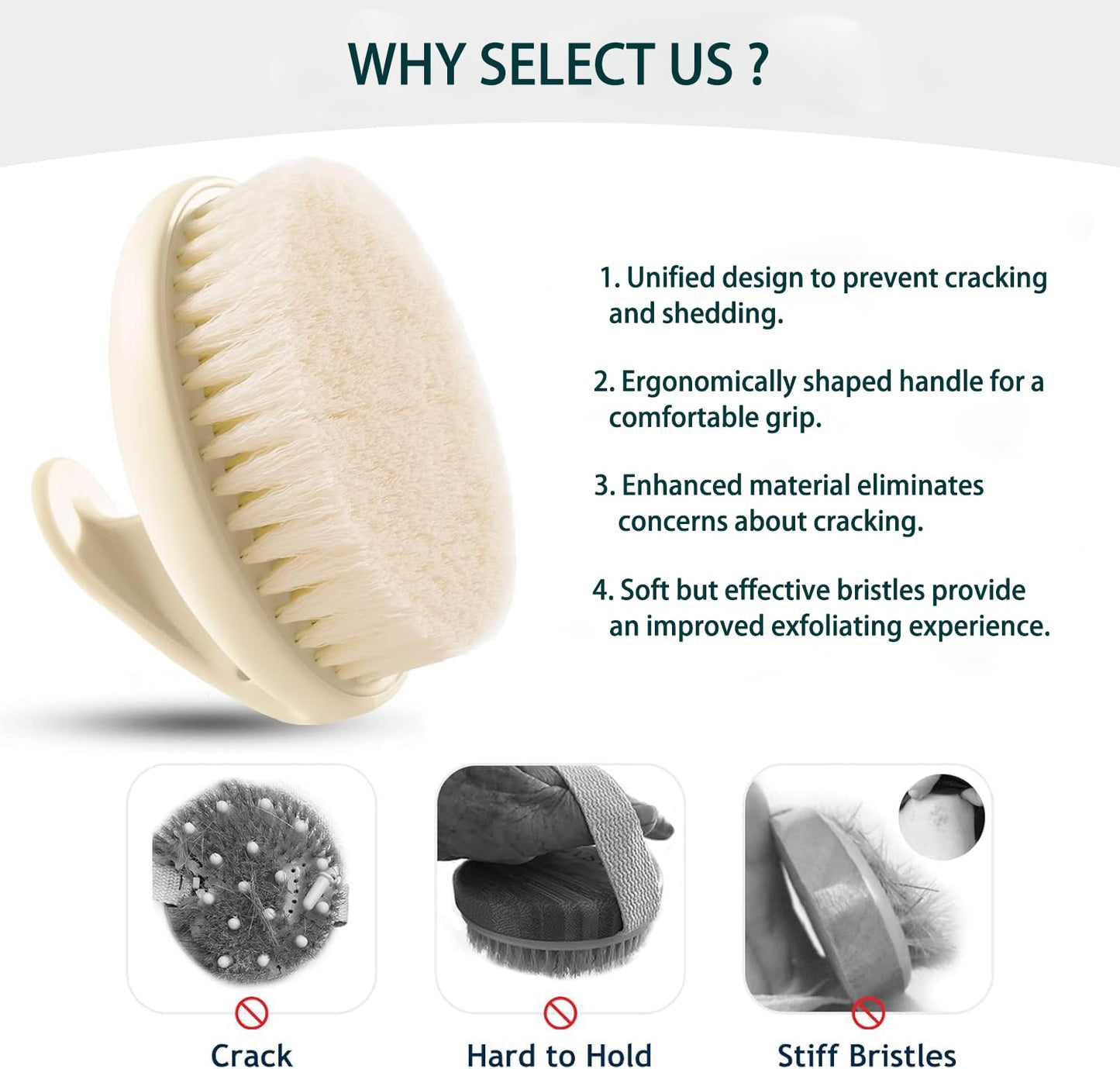 Dry Brushing Body Brush for Lymphatic Drainage & Exfoliation, Strong Grip for Deep Cleansing & Smooth Skin, Body Scrubber with Comfortable Bristles, Cream White