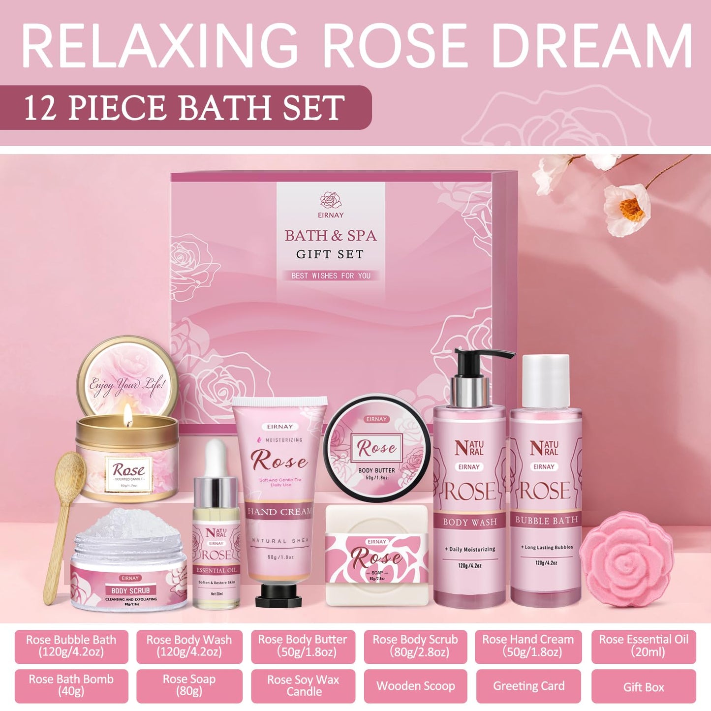 Gifts for Women, 12 PCS Birthday Gifts for Women Rose Relaxing Spa Basket Self Care Package for Her Mom Sister Wife Friend Unique Mothers Day Valentine Gift Ideal