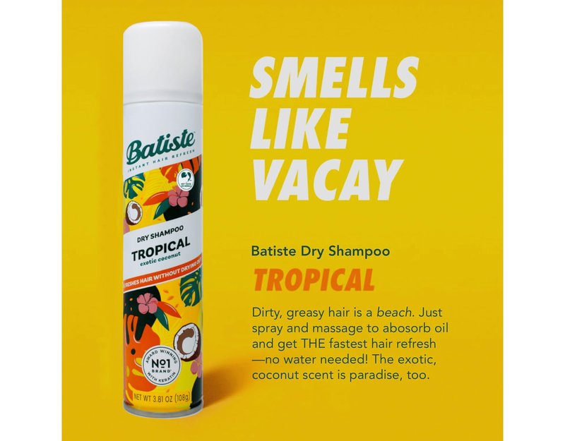 Batiste Dry Shampoo, Tropical Fragrance, Refresh Hair and Absorb Oil Between Washes, Waterless Shampoo for Added Hair Texture and Body, 6.73 OZ Dry Shampoo Bottle pack of 2