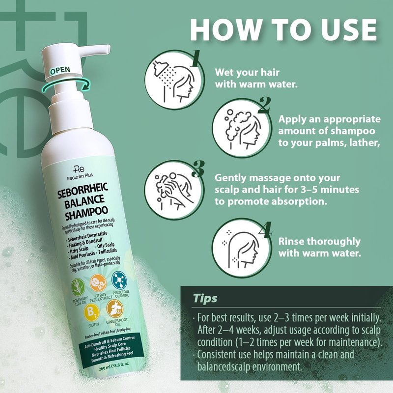 Recuren Plus Seborrheic Dermatitis Shampoo for Folliculitis & Acne: Psoriasis Treatment & Scalp Antifungal Shampoo, Dandruff Shampoo, Dry Itch Scalp & Flake Control — Sulfate-Free, Nourishing