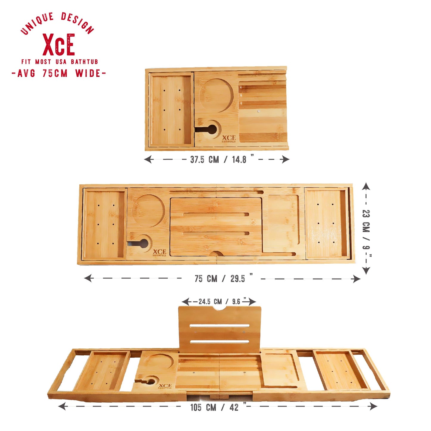 XcE Foldable Acacia Wood Bathtub Caddy Tray - Expandable to 40 Inches with Non-Slip Pads for Couples Luxury Bath