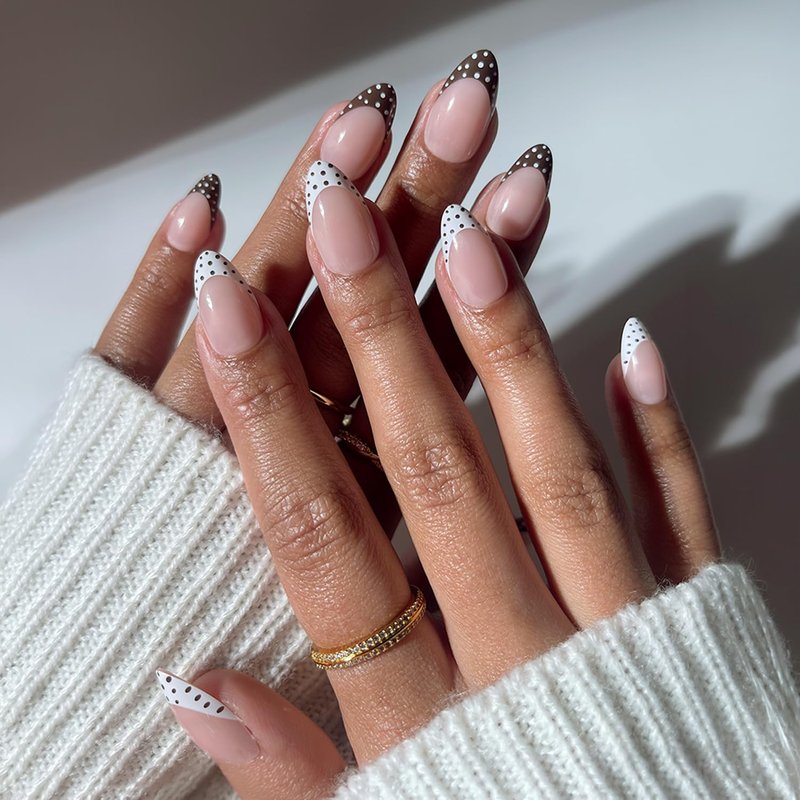 Glamnetic Press On Nails - Short Almond Polka Dot French Tips | Salon Quality Glossy Finish | 30 Nail Kit with Glue in Polka in Positano