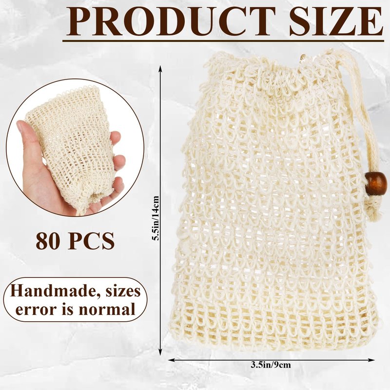 80 Pack Mesh Soap Saver Bags for Bar Soap, Cotton Linen Exfoliating Bar Soap Pouch with Drawstring Soap Bag Holder for Shower Bathroom Kitchen, 3.5x5.5 Inch, Beige