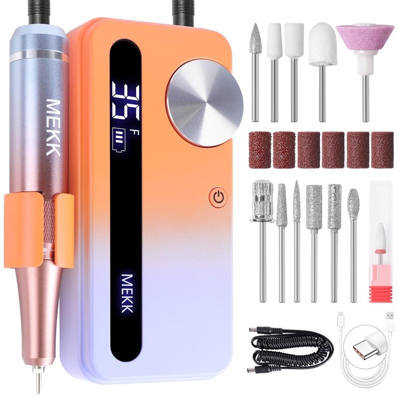 Electric Nail Drill Kit - 35,000 RPM Professional Nail File with 12 Bits | Cordless E-Filer for Home & Salon (Orange Blue)