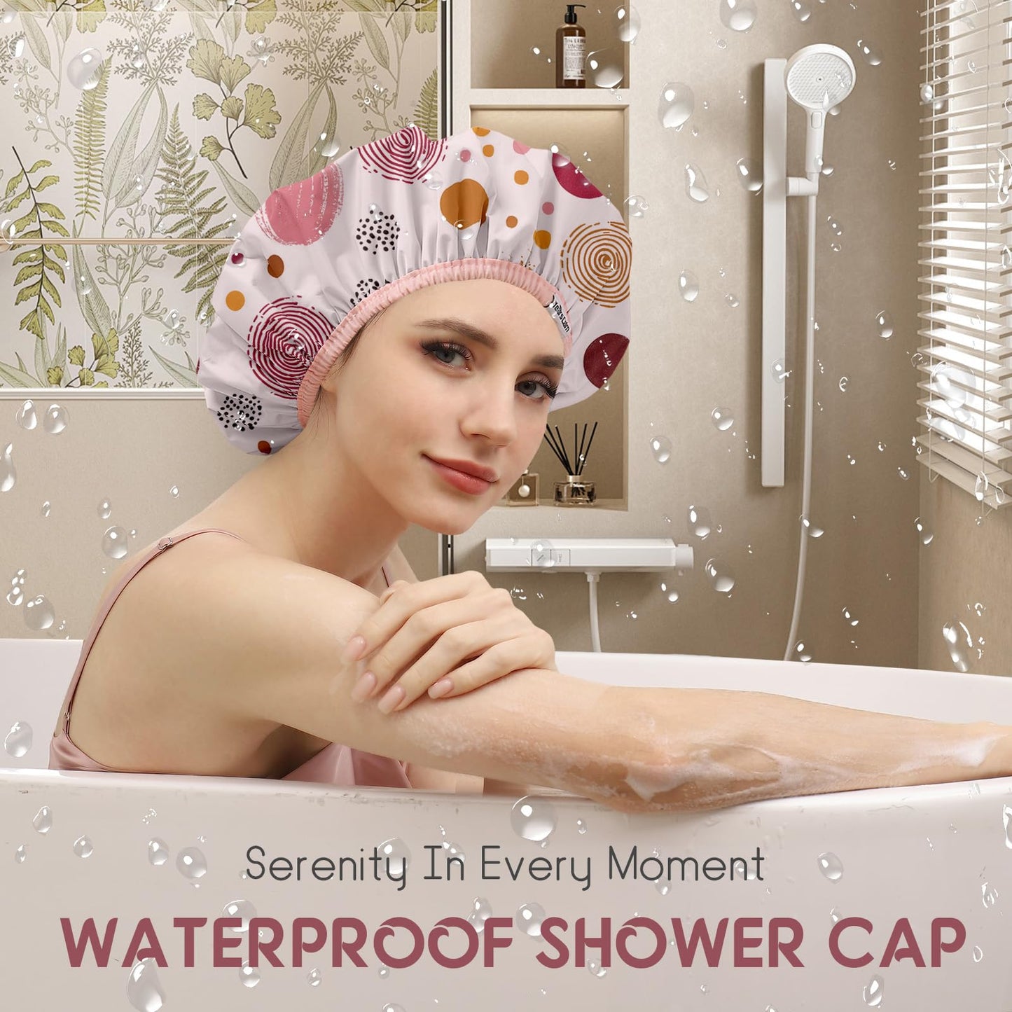 Years calm Luxury Shower Caps for Women Reusable Waterproof – Polka Dot Double Layer Bath Cap with Adjustable Elastic for Braids & Long Hair, Comfortable & Stylish, Versatile Use (Pink)