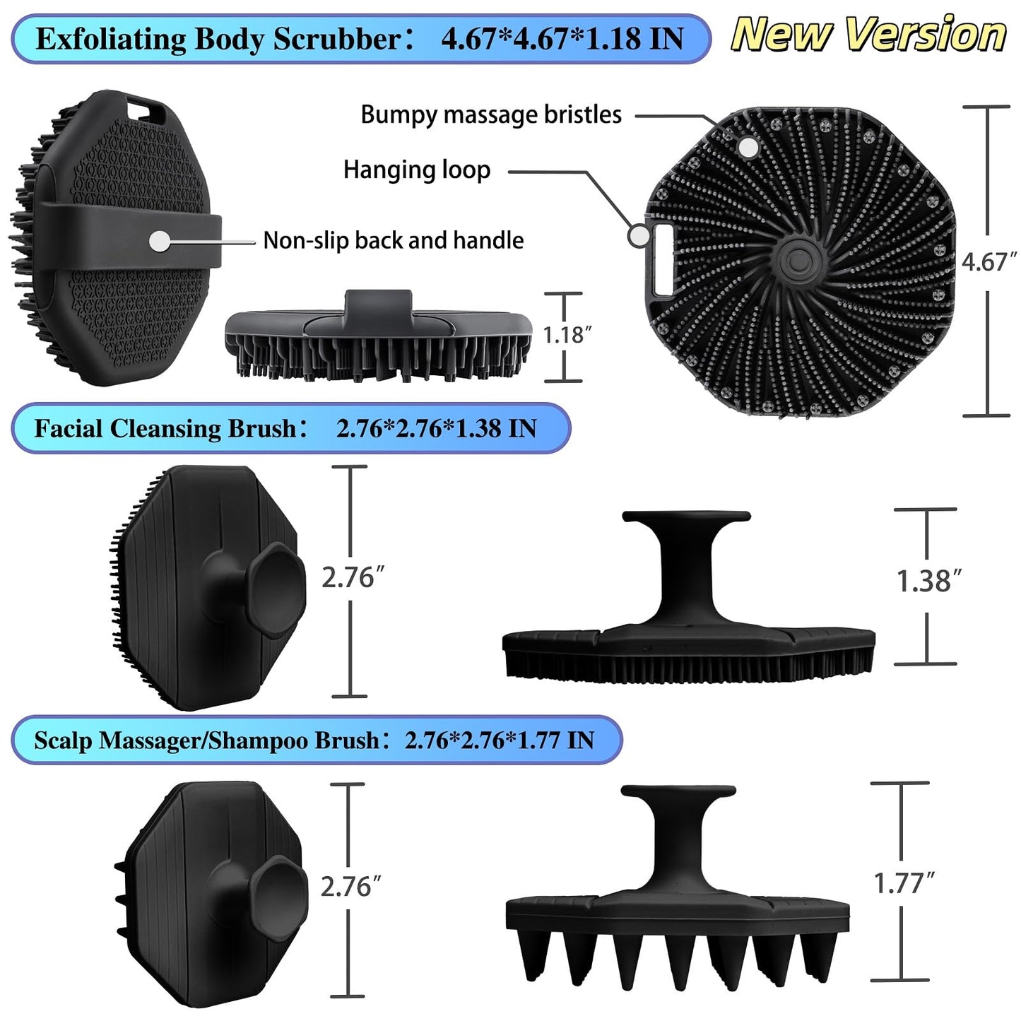 3 Soft Silicone Scrubbers - Body Exfoliating Brush Skin Massage Shower Scrubber Body Buffer, with Super Soft Handheld Facial Cleansing Brush, with Hair Shampoo Brush Scalp Massager (Black)