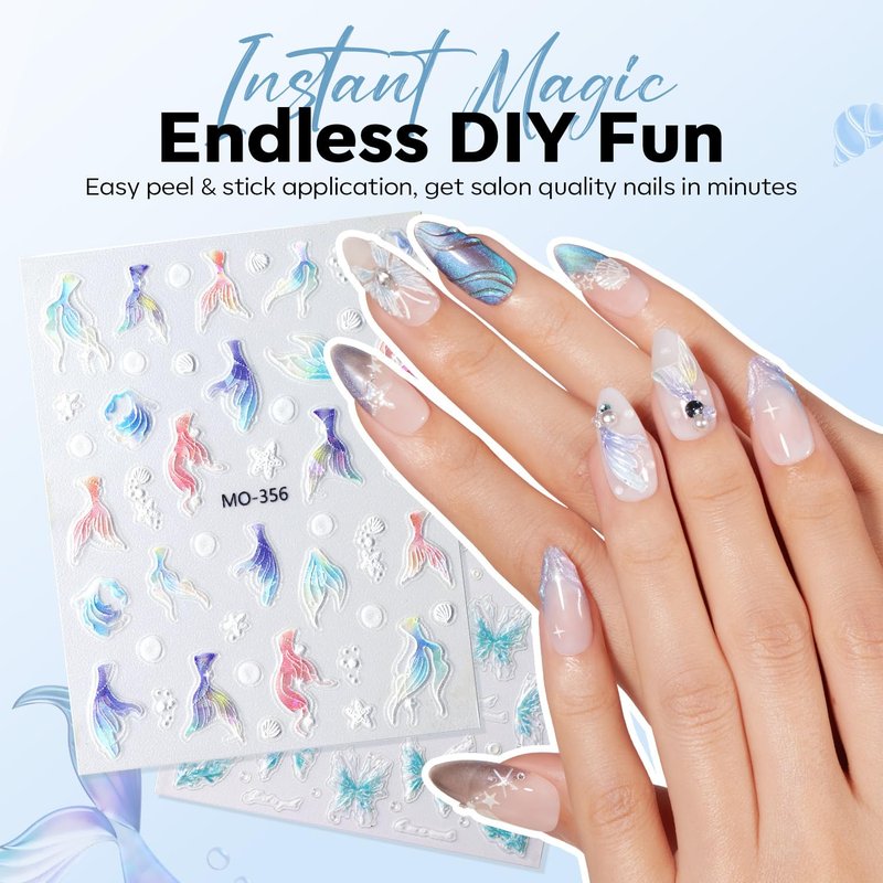 Modelones Nail Stickers - 3D Embossed Ocean Blue Mermaid Shells & Pearls for Stunning Nail Art | DIY Supplies for Women & Kids
