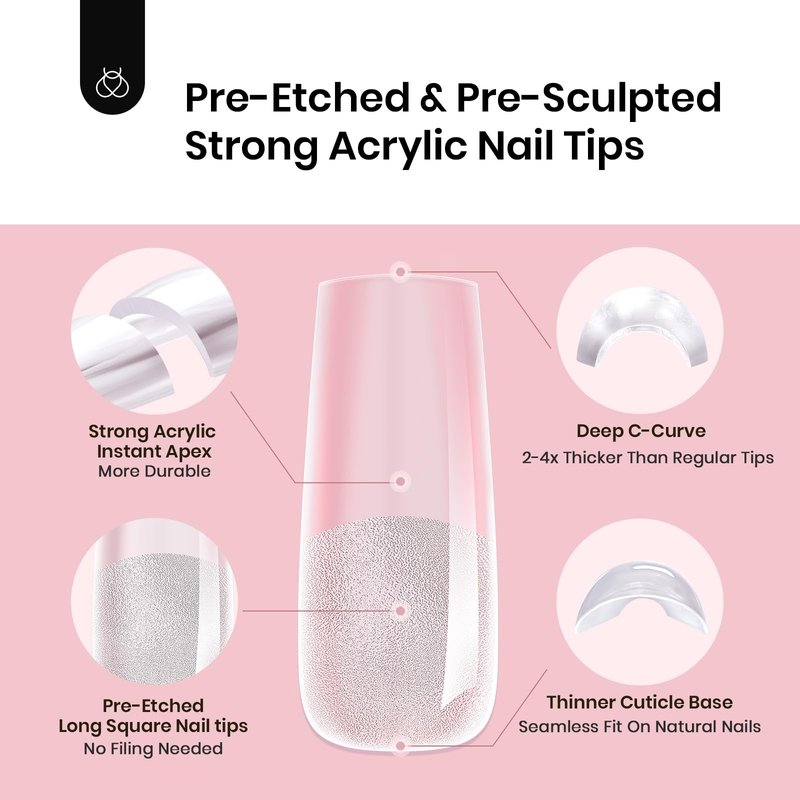Beetles Tipex Instant Apex Nail Tips Square Long, 512Pcs 16 Sizes Pre-Building & Pre-Etched Gel Nail Tips Thicker Acrylic Nails Strong Full Cover False Nail Extension Press-on Nails