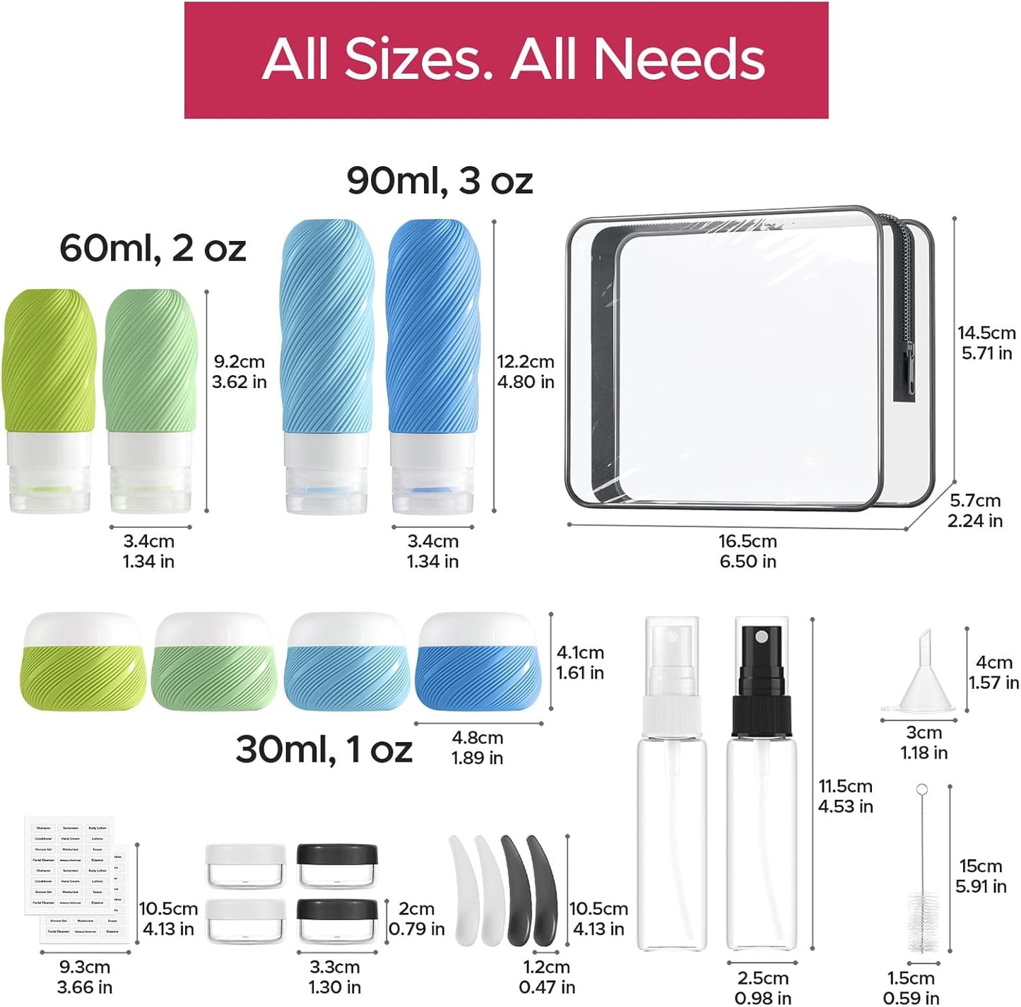 Travel Bottles Set - 23 Pack TSA Approved Leak Proof Containers | Silicone Squeezable Toiletry Kit in Clear Bag, Blue