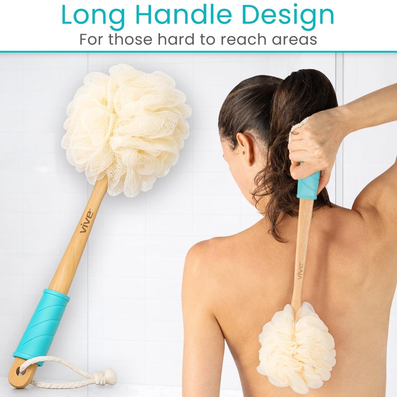 Vive 17” Shower Loofah with Long Handle - Exfoliating Back & Body Scrubber for Men & Women - Luffa Sponge on a Stick for Bathing, Cleaning - Includes Extra Handheld Lufa, Hook & String to Hang on Wall