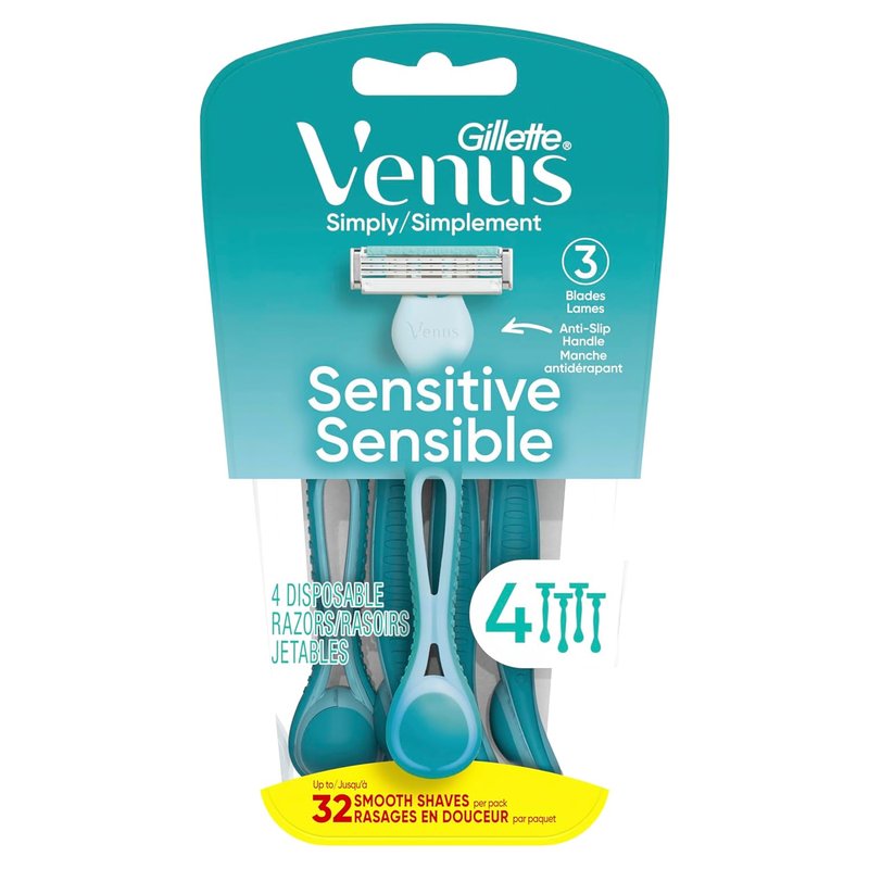 Gillette Venus Simply 3 Sensitive Women's Disposable Razors - Pack of 4 for Gentle Shaving