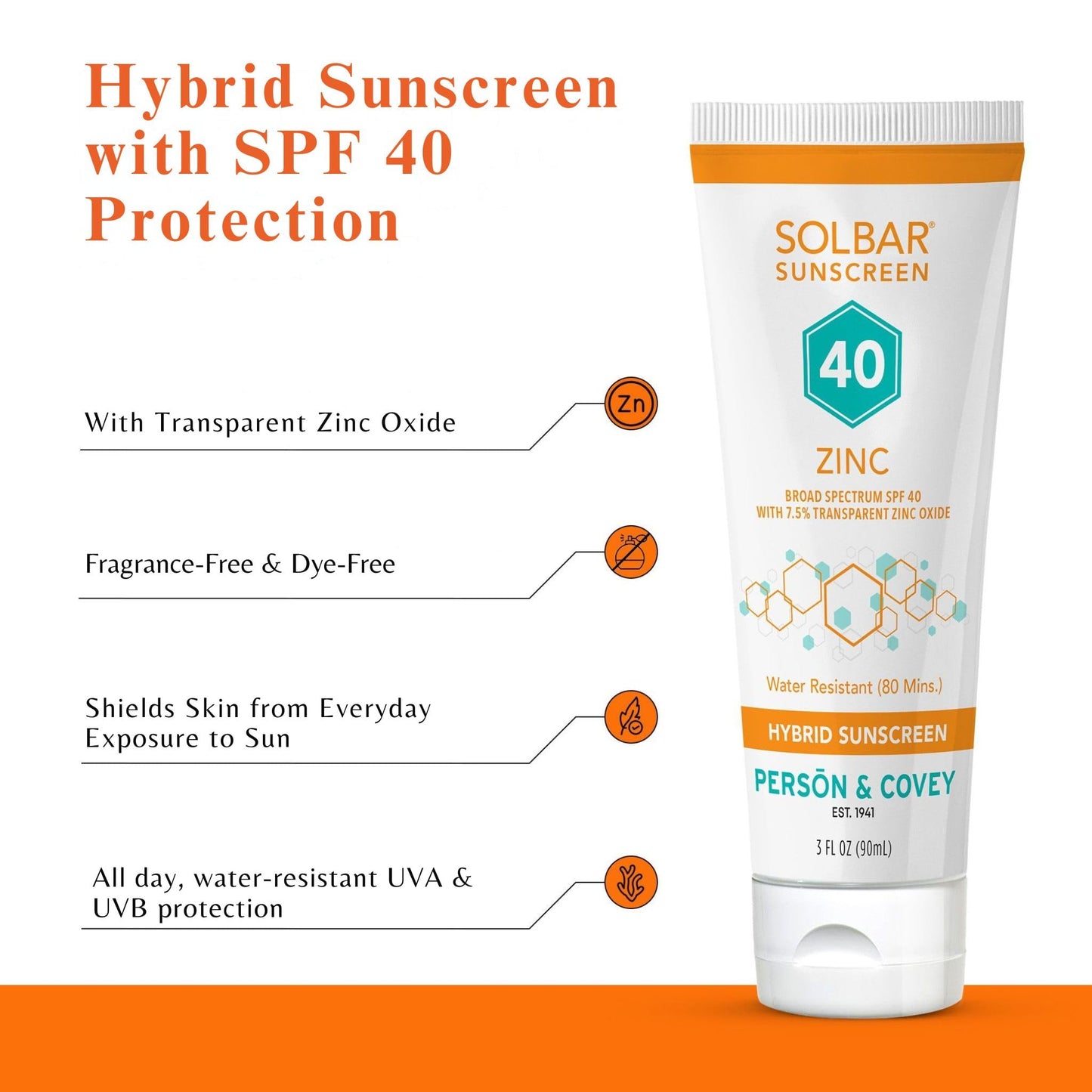 Solbar Zinc SPF 40 Hybrid Sunscreen for Face & Body, Transparent Zinc Oxide, Broad Spectrum Sun Care, Water Resistant Travel Size 3oz