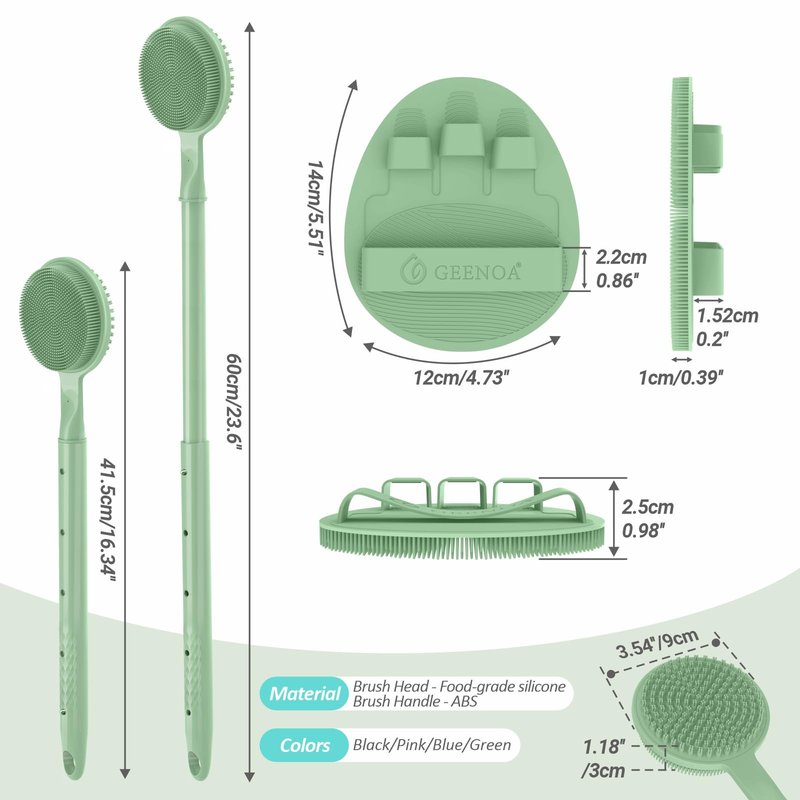 GEENOA Silicone Back Scrubber & Soft Bath Glove 2PCS, 16''- 24'' Extendable Shower Scrubber with Dual-Side Head, 360° Anti-Slip & Hand-fit Silicone Body Scrubber for Rich Foaming Deep Cleaning(Green)