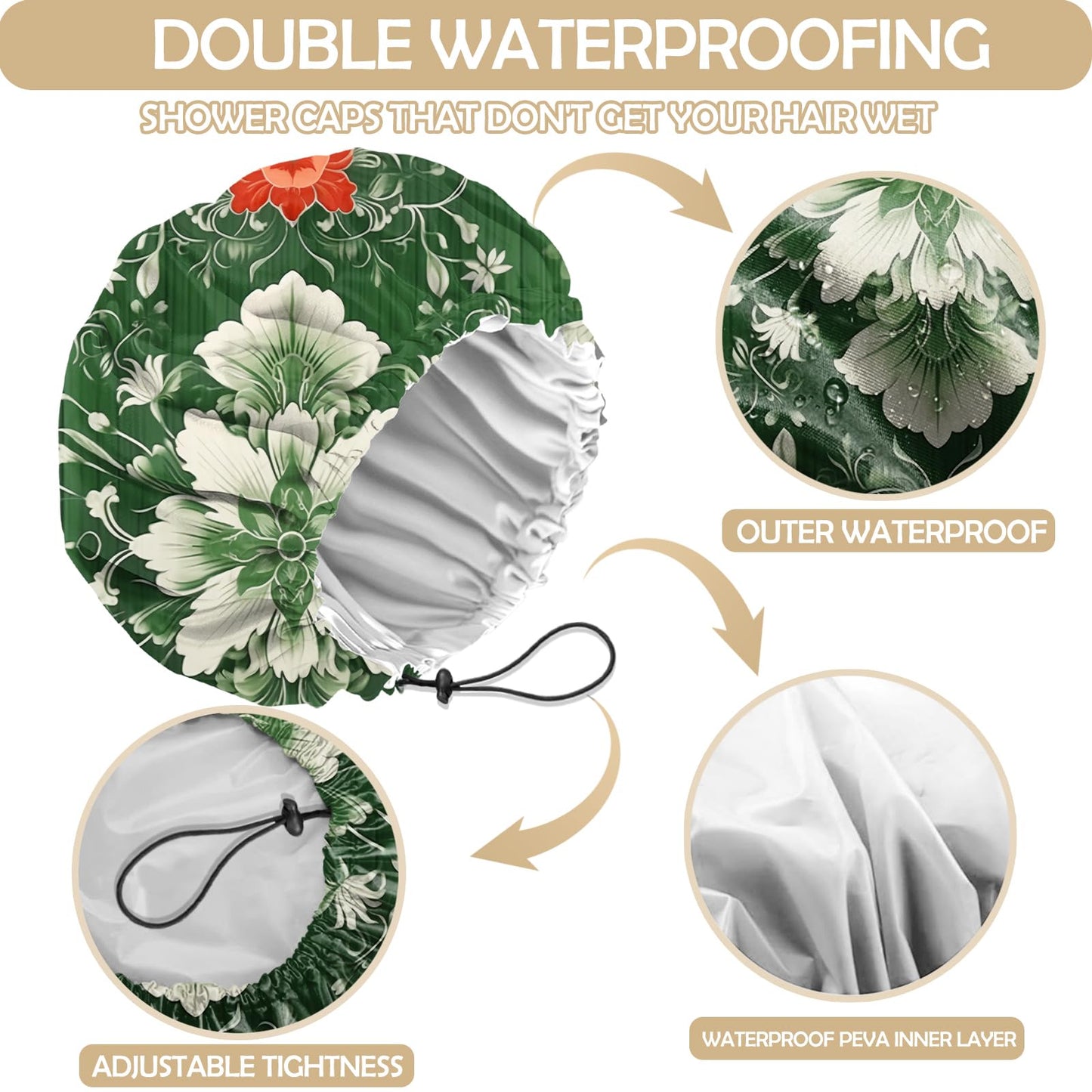 Zewurtuw 2 PCS Shower Cap Adjustable Reusable Double Waterproof Layer Elastic Hair Bath Cap Cute Aesthetic for Women Girls-Multicolour