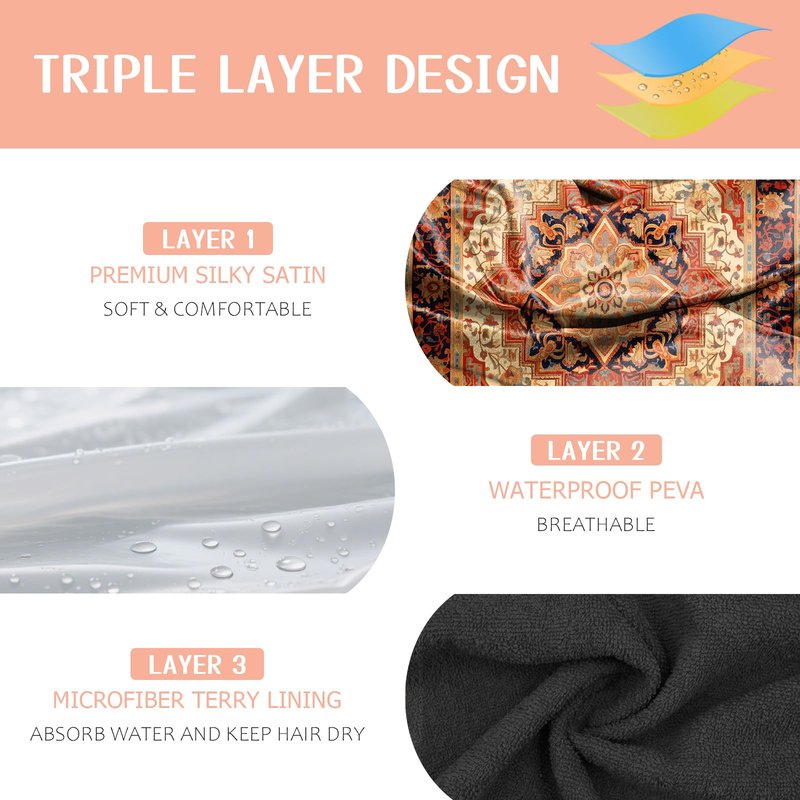 BHAHB Luxury Shower Cap Reusable Terry Cloth Lined EVA Triple Waterproof Layer Elastic Hair Bath Caps for Women Girls Cute-Boho 2