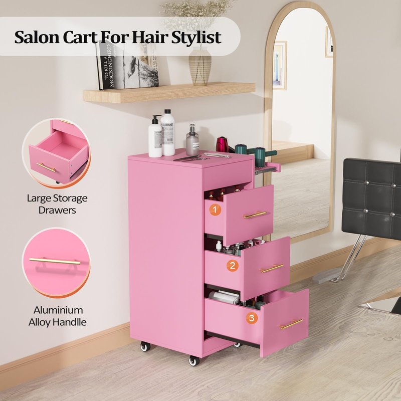 Salon Trolley Cart with Wheels, 3-Drawer Rolling Hair Styling Station, Mobile Beauty Trolley with Hot Tools Holder, Storage for Salon, Barbershop, Spa & Tattoo, Pink