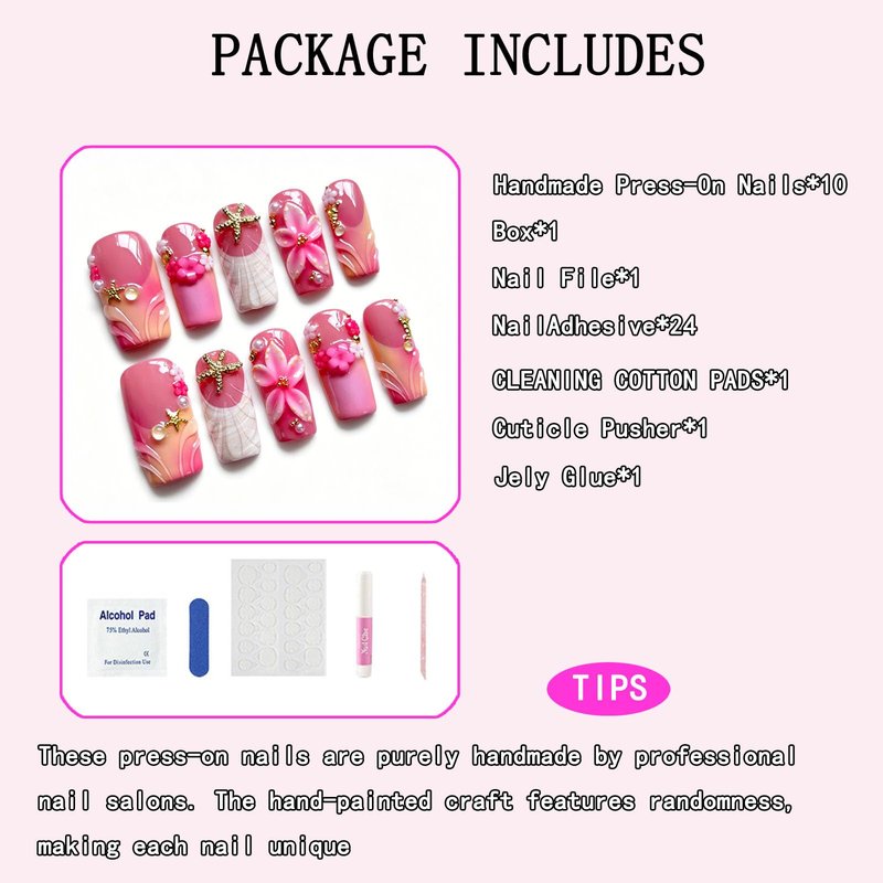 Press On Nails Medium Square Handmade 3D Flower Starfish Shell Pink French Tip Full Cover False Nails Stick on Nail for Women Beach Vacation Daily, 10Pcs (M)