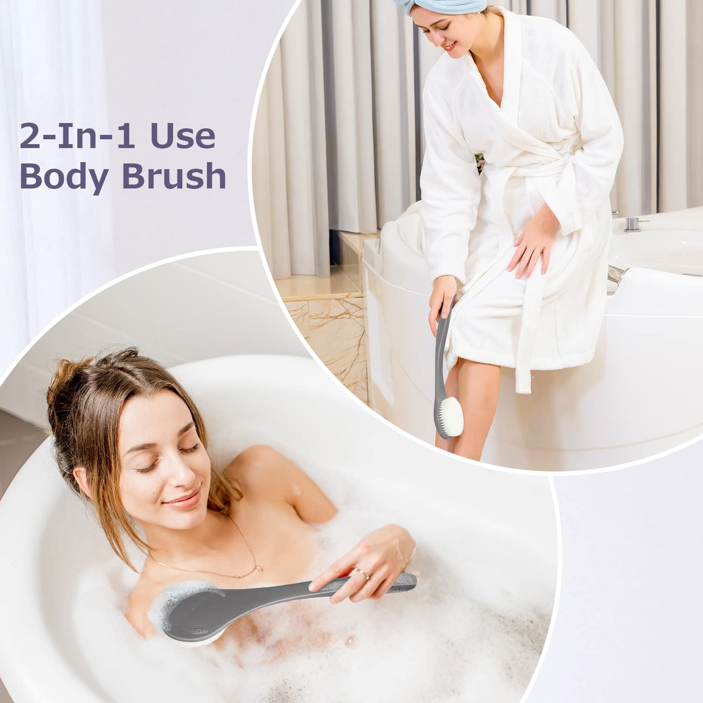 ROLIZOE Bath Brush Long Handle for Shower, Soft Bristle Back Scrubber for Shower, Ergonomics Curved Long Handle Back Brush Exfoliating Body Scrubber with Hook and Lanyard-Grey
