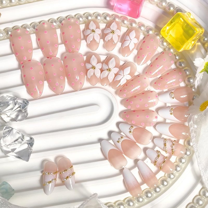 French Tip Press-On Nails - 30 Pcs Long Almond Design with 3D Flowers & Pearls | Glossy Stiletto for Spring Summer Manicure