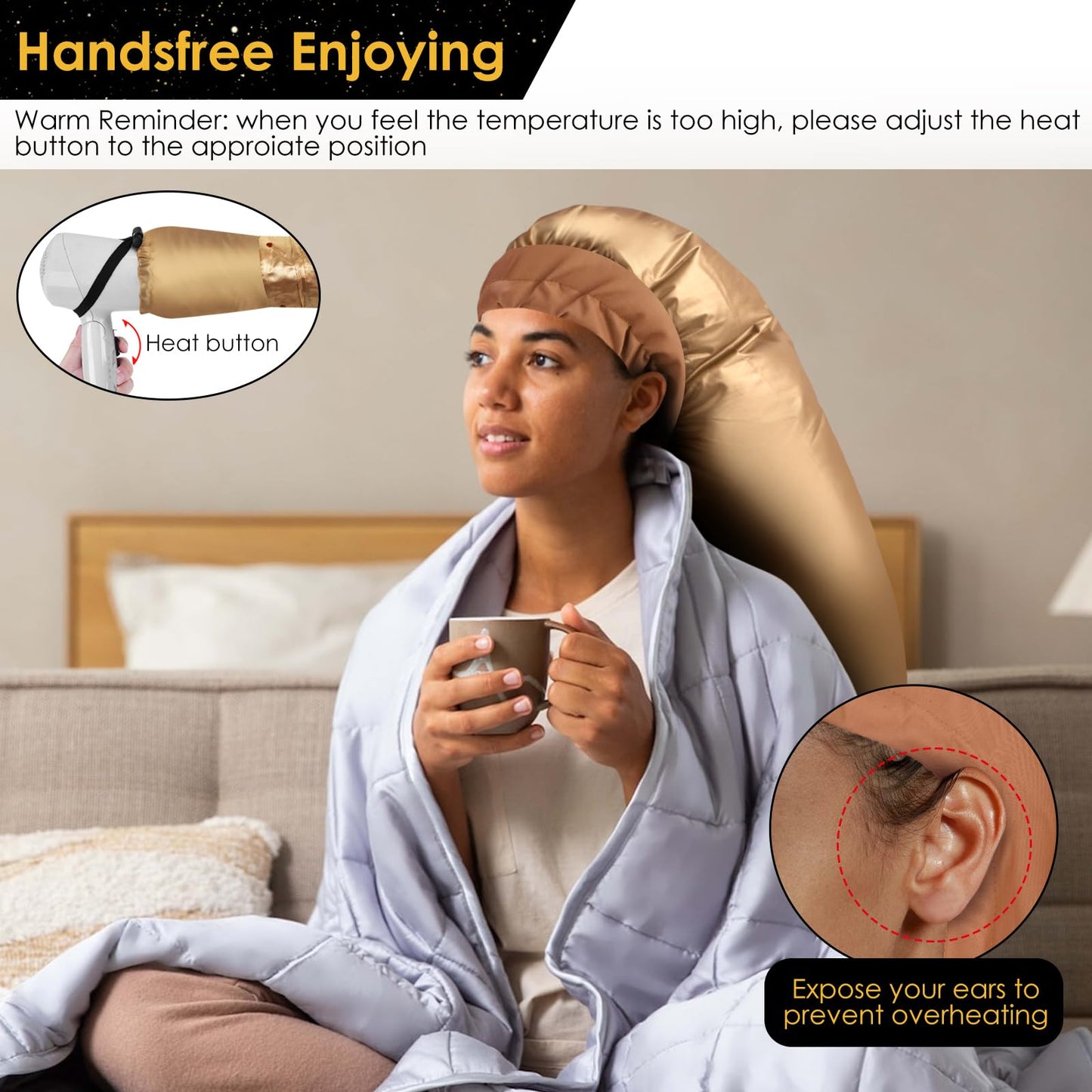 TEPENAR Hair Dryer Bonnet Attachment: Upgraded Extra Large Hooded Dryer Adjustable Hair Dryer Caps - Easy to Use for Natural Curly Textured Hair Care Styling Fast Drying - Gold