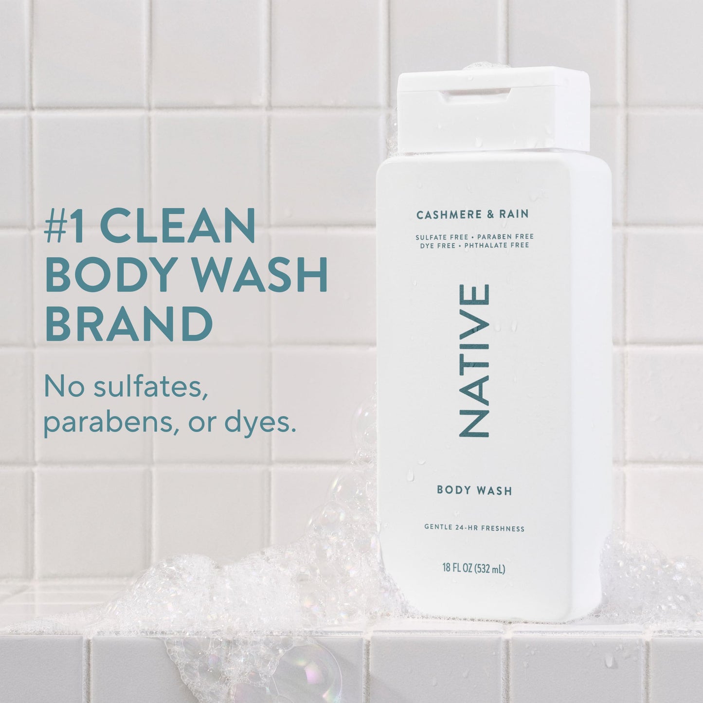 Native Cashmere & Rain Scent 24-Hr Refreshing Clean Body Wash for Men & Women, for All Skin Types Incl. Sensitive, Leaves Skin Feeling Clean & Soft, Free of Phthalates, Sulfates & Parabens, 18 oz