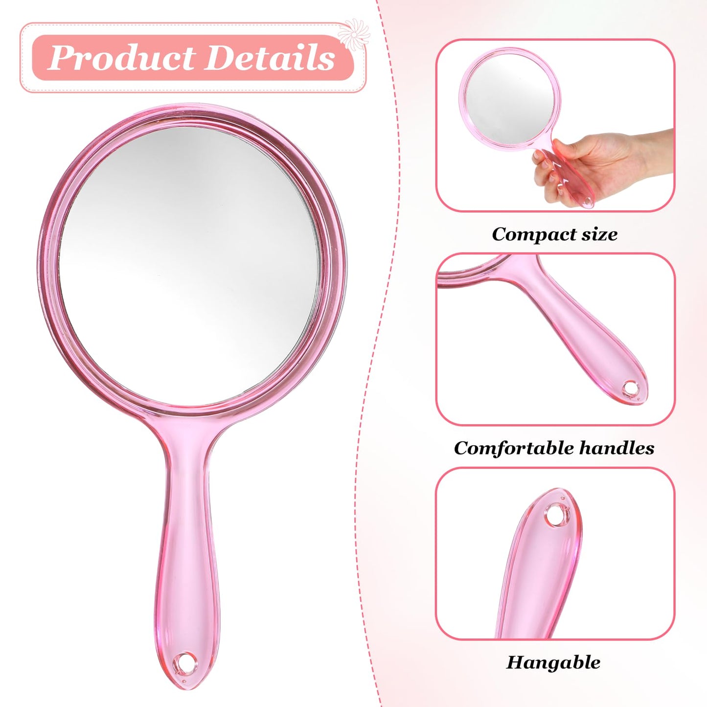 Zyghjort Hand Mirror with Handle, Double-Sided 1X/5X Handheld Magnifying Makeup Mirror for Women Travel Vanity & Salon Face Grooming, Large 8.2"x4.1" - Pink