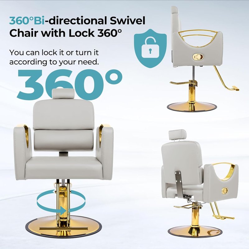 Reclining Salon Chair for Hair Stylists - 360° Swivel Barber Chair with Heavy-Duty Hydraulic Pump