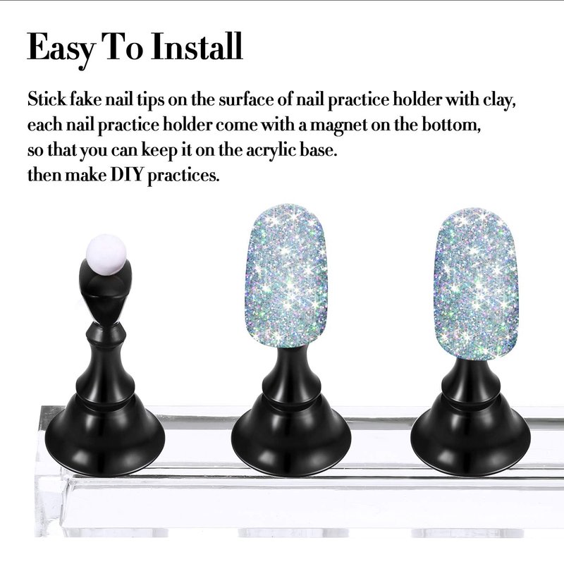 Blulu Nail Stand Set - Acrylic Magnetic Press Nail Holder for Painting | 2 Stands & 96 Reusable Adhesive Putty (Black)