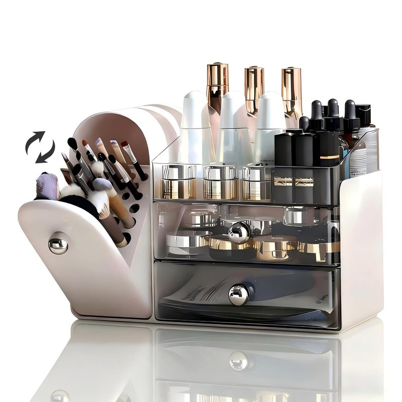 RONGZHIERK Makeup Organizer for Vanity with Covered Brush Holder，Bathroom Organizers with Drawer，Skin Care Organizer，Makeup Organizers for Vanity with Drawer，Large Makeup Storage for Dresser, White