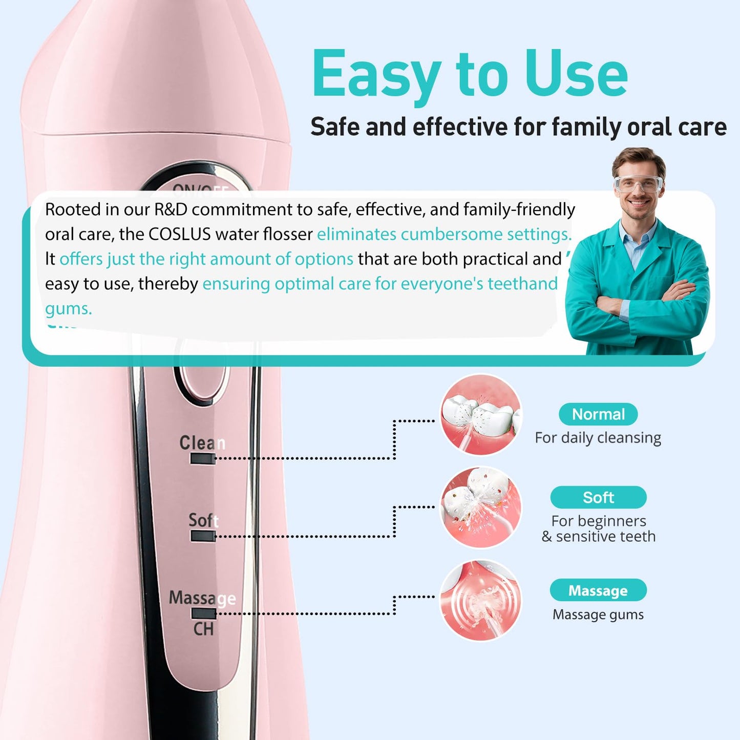 COSLUS ADA Accepted Water Dental Flosser Teeth Pick C20: Portable Cordless Oral Irrigator 300ML Rechargeable Travel Irrigation Cleaner IPX7 Waterproof Electric Flossing Machine, Professional Set Pink