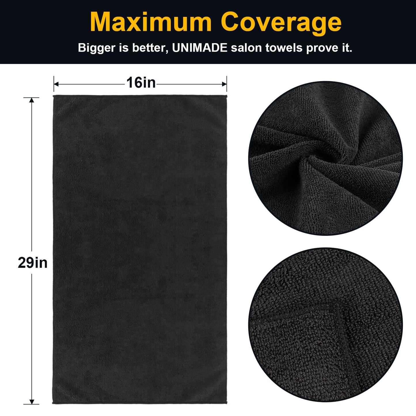UNIMADE Salon Towels 24 Pack, Microfiber Barber Towels Bulk, (16x29 inches) Hair-Drying Cloth Super Soft Black Hand Cloth for Gym, Bath, Spa Use and Home Beauty Care(Not Bleach Proof)