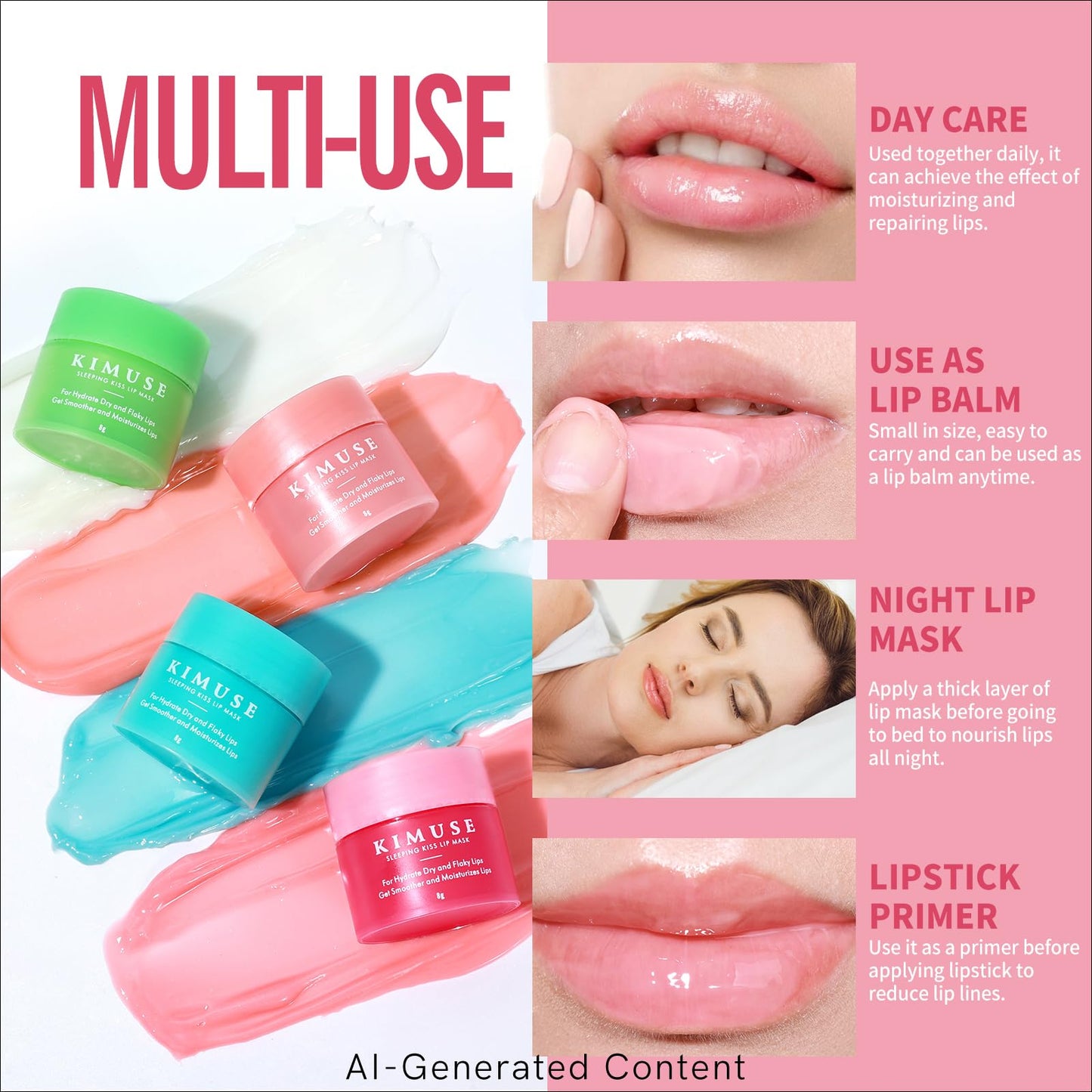 KIMUSE Lip Mask Set, 4PCS Lip Sleeping Mask Overnight Treatment Lip Care Products, Moisturize & Nourish, Flaky, Cracked Dry Lips, Intense Hydration with Shea Butter (SET)