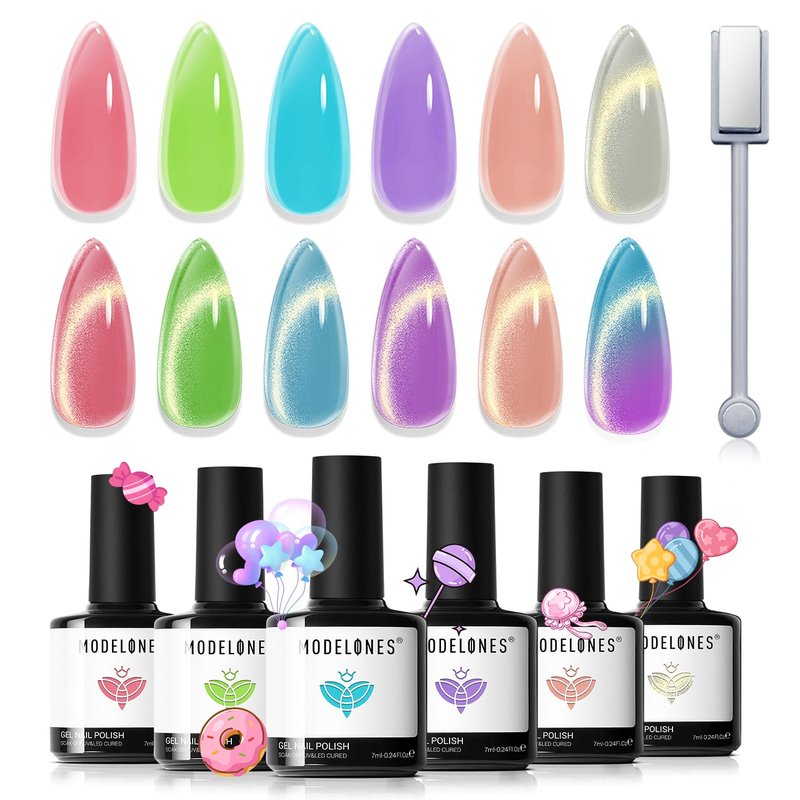 modelones Cat Eye Gel Nail Polish, 6 Colors Jelly Neon Set with Magnet Sparkle Galaxy Series Nail Gel Polish Kit Soak Off Led Nail Art Manicure Salon DIY Gifts
