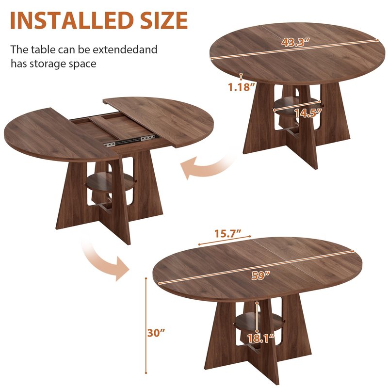 43.3''-59'' Round Extendable Dining Table, Oval Dining Table for 4-8, Modern Kitchen Circle Dinning Table with Storage for Kitchen Living Room Apartments Family Meals (Walnut)