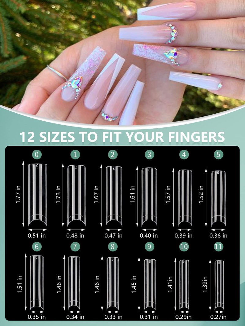 480PCS XL Long Clear Nail Tips, 240PCS Coffin Nails Tips with 240PCS NO C Curve Square Nail Tips for Acrylic Nails Professional, Half Cover Straight Ballerina Nail Extension Tips for Nail Salons Home