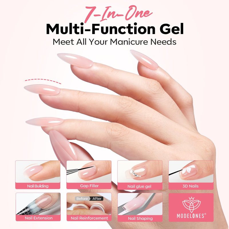 modelones Builder Nail Gel, Clear Builder Nail Polish 7-in-One with Detachable Liner Nail Brush LED Lamp Cured Strengthener Color Rubber Base Coat for Apex Building Extension Thickening 10ml