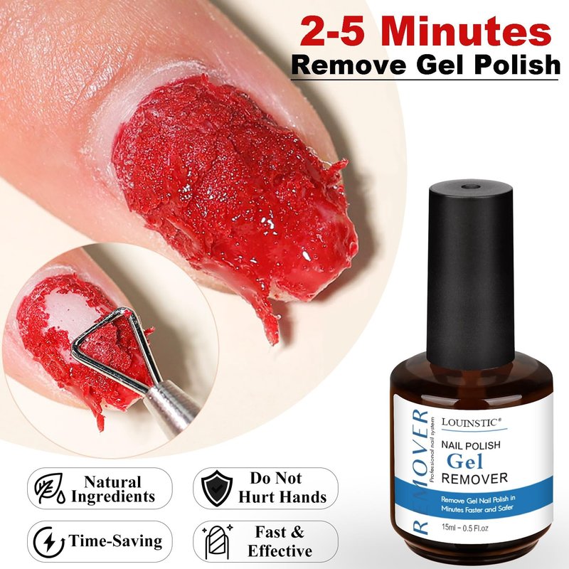 LOUINSTIC 3-in-1 Gel Nail Remover Kit – Gel Nail Polish Remover, Liquid Latex Peel-Off Tape, Cuticle Oil for Nails & Manicure Tools – Acetone-Free, Low Odor, Removes Gel in 2–5 Min, No Foil
