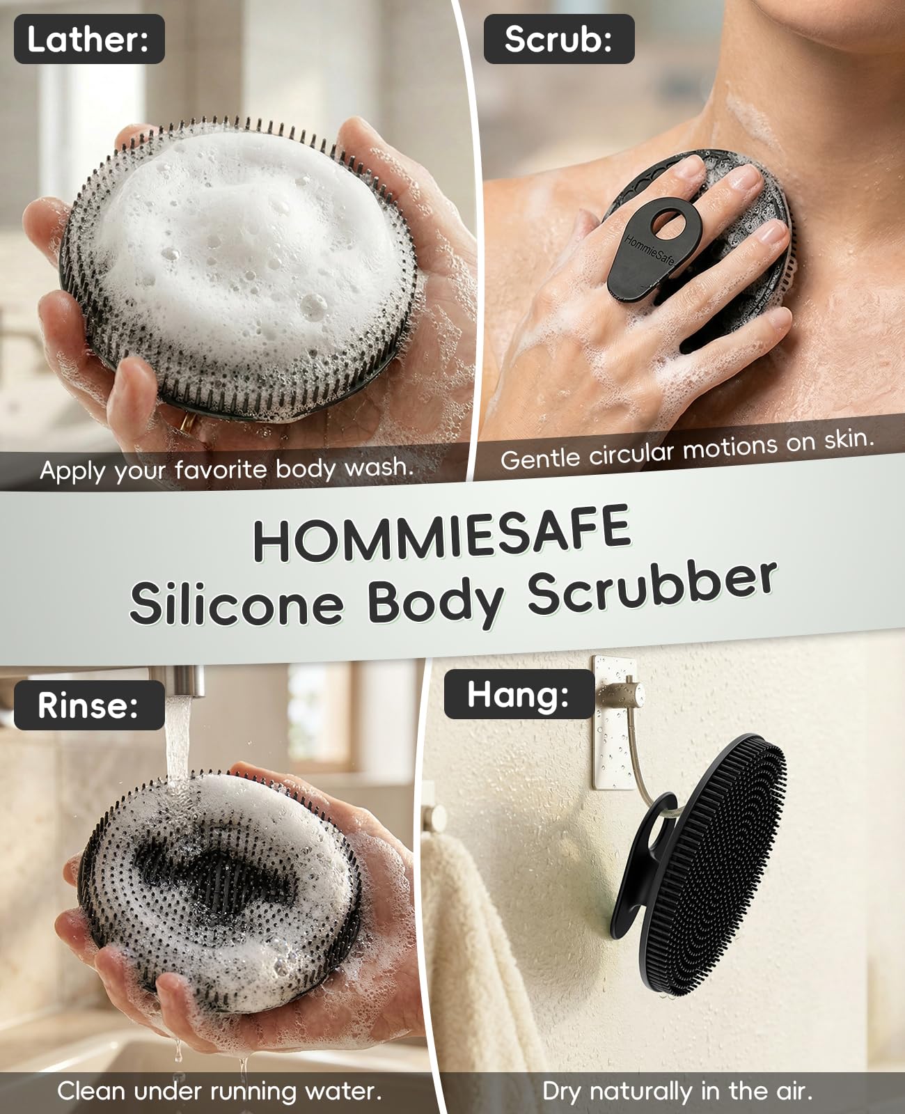 Soft Silicone Shower Brush Body Wash Bath Exfoliating Skin Massage Scrubber, Dry Skin Brushing Glove Loofah, Fit for Sensitive and All Kinds of Skin(Mint+Black)