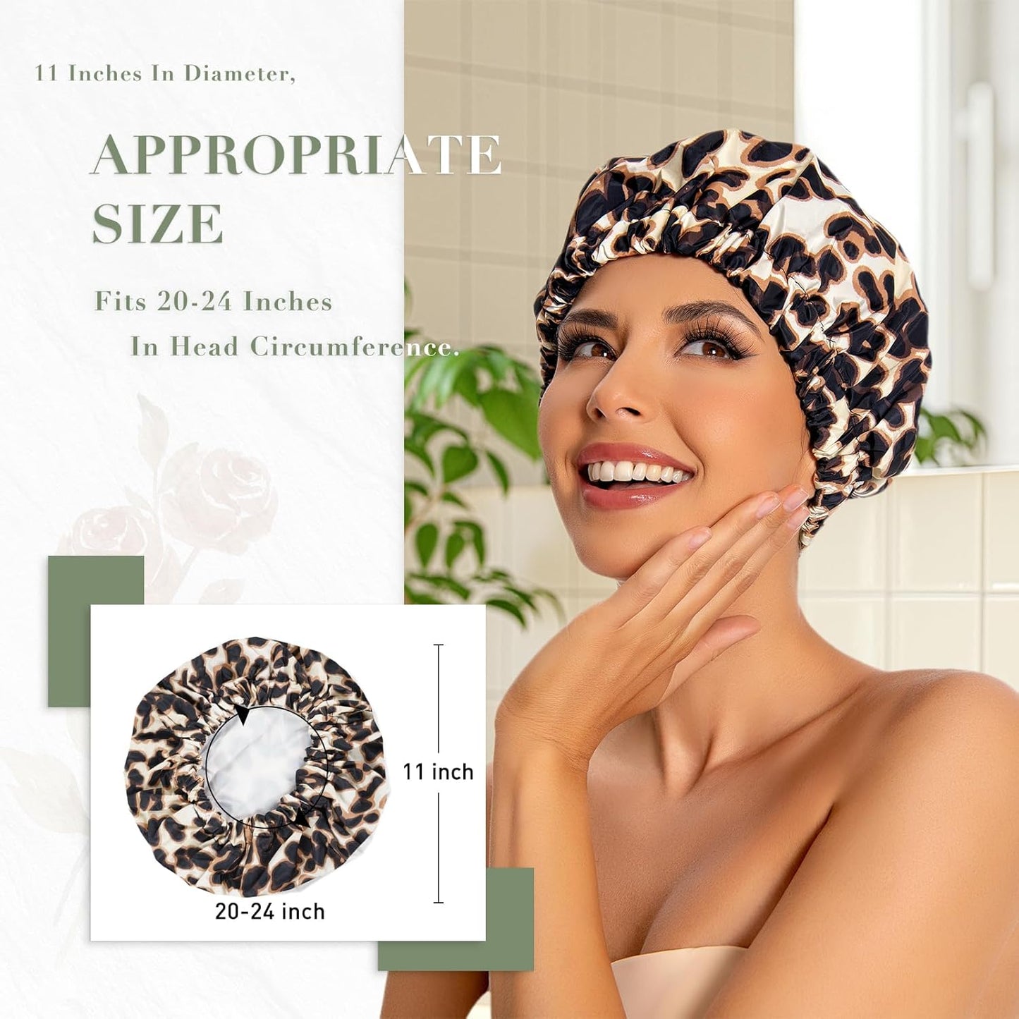 Skiennix Reusable Shower Cap - Large Waterproof Bonnet with Elastic Band for Long, Curly Hair | Leopard Print