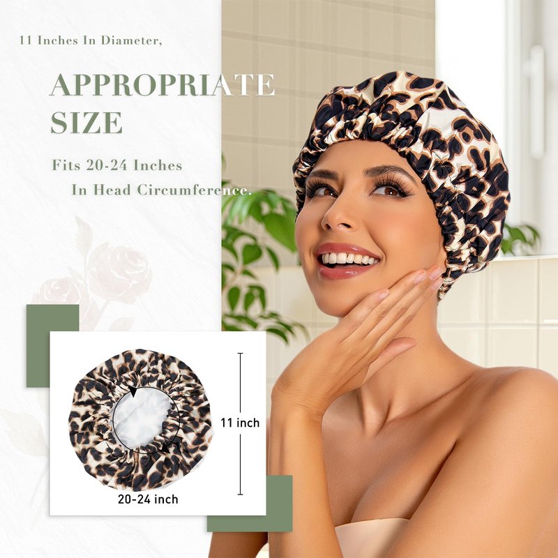 Reusable Shower Cap for Women, Large Waterproof Shower Bonnet with Elastic Band, Washable Bath Hair Cap for Long, Curly Hair, Braids, Daily Shower, Home Spa, Travel(Leopard)