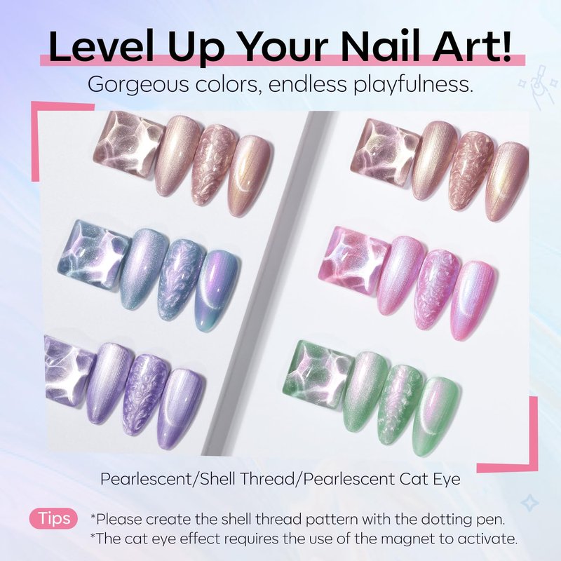 modelones Cat Eye Gel Nail Polish, 6 Colors Shimmer Pearl Magnetic Nail Drawing Set with Magnet, Iridescent Mermaid Swirl Shell Thread Purple Pink Blue Glitter, DIY Manicure Gift for Women Girl