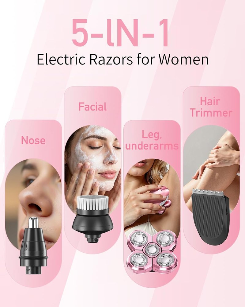 Skiennix Electric Razor for Women - 5-in-1 Rechargeable Waterproof Shaver with LED Display | Ideal for Legs, Face & Bikini (Pink)