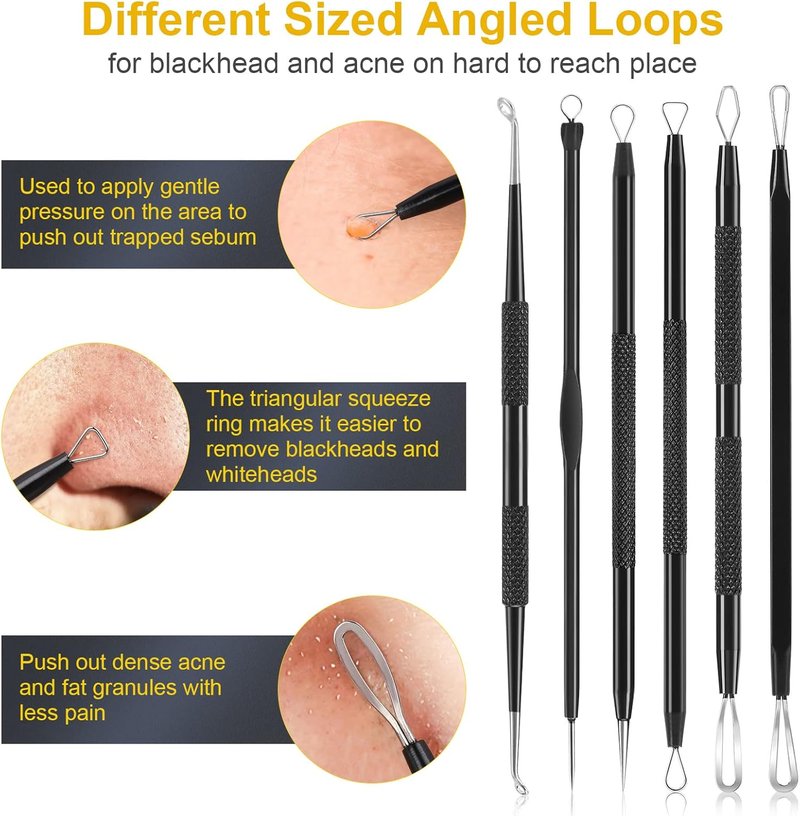 Pimple Popper Tool Kit - 15 PCS Professional Stainless Steel Blackhead Remover Set | Acne Extraction Tools with Metal Case (Black)