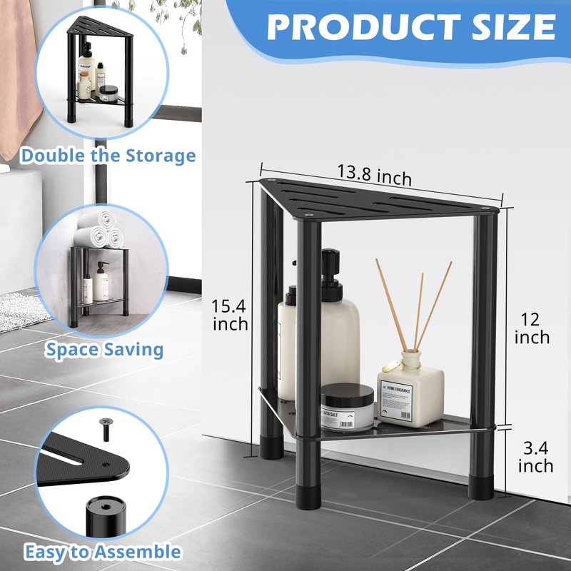Corner Shower Stool for Inside Shower - 15.5in Shower Foot Rest with Storage Shelf, Stainless Steel Shower Stool for Shaving Legs, Bathroom Bench Suitable for Small Shower Spaces, Black