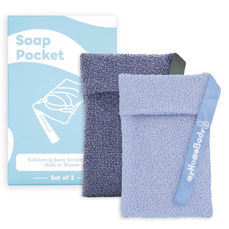 myHomeBody Soap Pocket Exfoliating Pouch, Body Scrubber Sponge, Exfoliator for Bath, Shower or Leftover Bits Saver, Dark Blue, Light Blue - 2 Pack