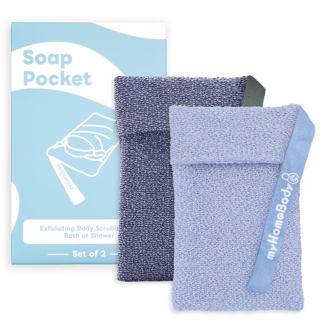 myHomeBody Soap Pocket Exfoliating Pouch, Body Scrubber Sponge, Exfoliator for Bath, Shower or Leftover Bits Saver, Dark Blue, Light Blue - 2 Pack